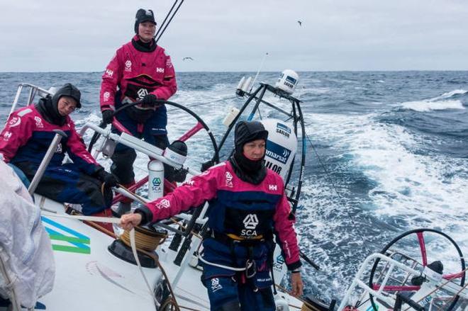 Onboard Team SCA - Carolijn Brouwer, Elodie Mettraux and Sophie Ciszek. Team SCA has been followed by an albatross couple the whole day - Leg five to Itajai - Volvo Ocean Race 2015 © Anna-Lena Elled/Team SCA